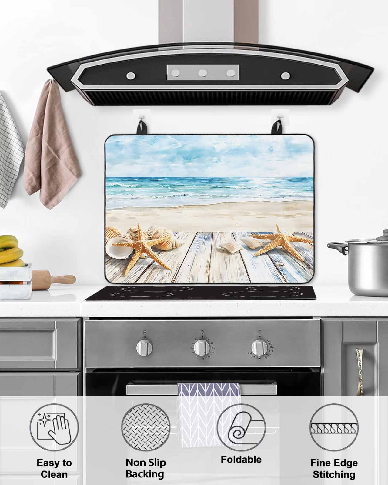 nqOlkjepod Large Induction Cooktop Protector Mat 36"x21", Summer Coastal Stove Top Covers for Electric Stove, Watercolor Ocean Waves Seaside Starfish Stove Burner Cover Mats, Glass Top Stove Cover