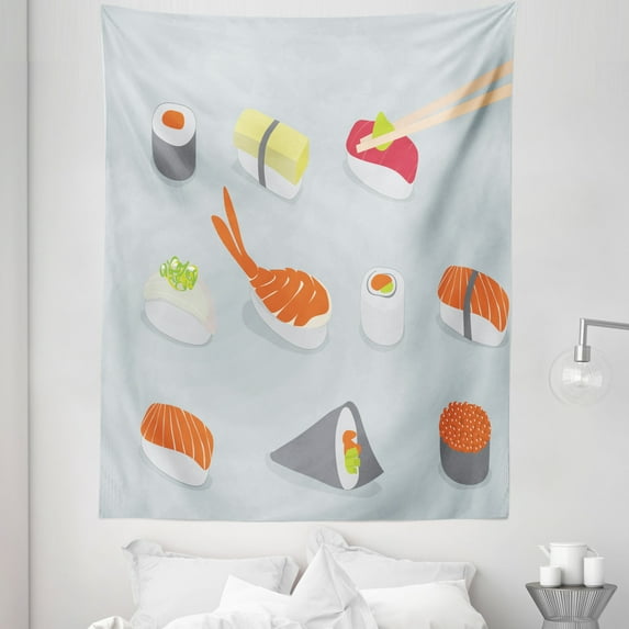 Sushi Tapestry, Snacks as Nigiri Maki and Tobiko Rolls in the Style of Flat Design, Fabric Wall Hanging Decor for Bedroom Living Room Dorm, 5 Sizes, Multicolor, by Ambesonne
