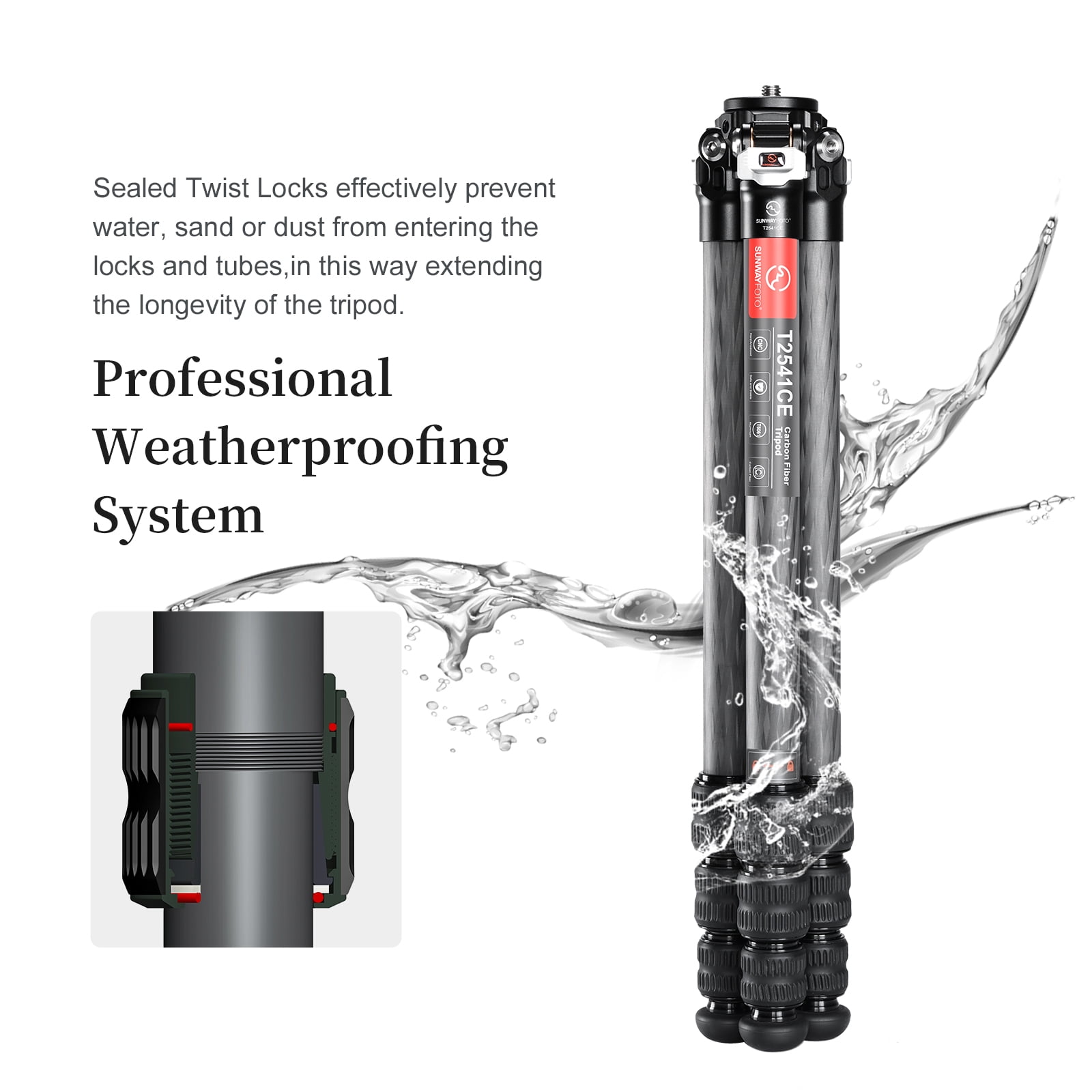SUNWAYFOTO T2541CE Travel Tripod Carbon Fiber Compact Light Portable Professional Tripod Dslr Camera Waterproof,26.5lb Load