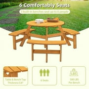 6-Person Circular Outdoor Wooden Picnic Table for Patio, Backyard, Garden, DIY w/ 3 Built-in Benches
