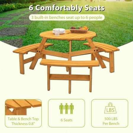 6-Person Circular Outdoor Wooden Picnic Table for Patio, Backyard, Garden, DIY w/ 3 Built-in Benches