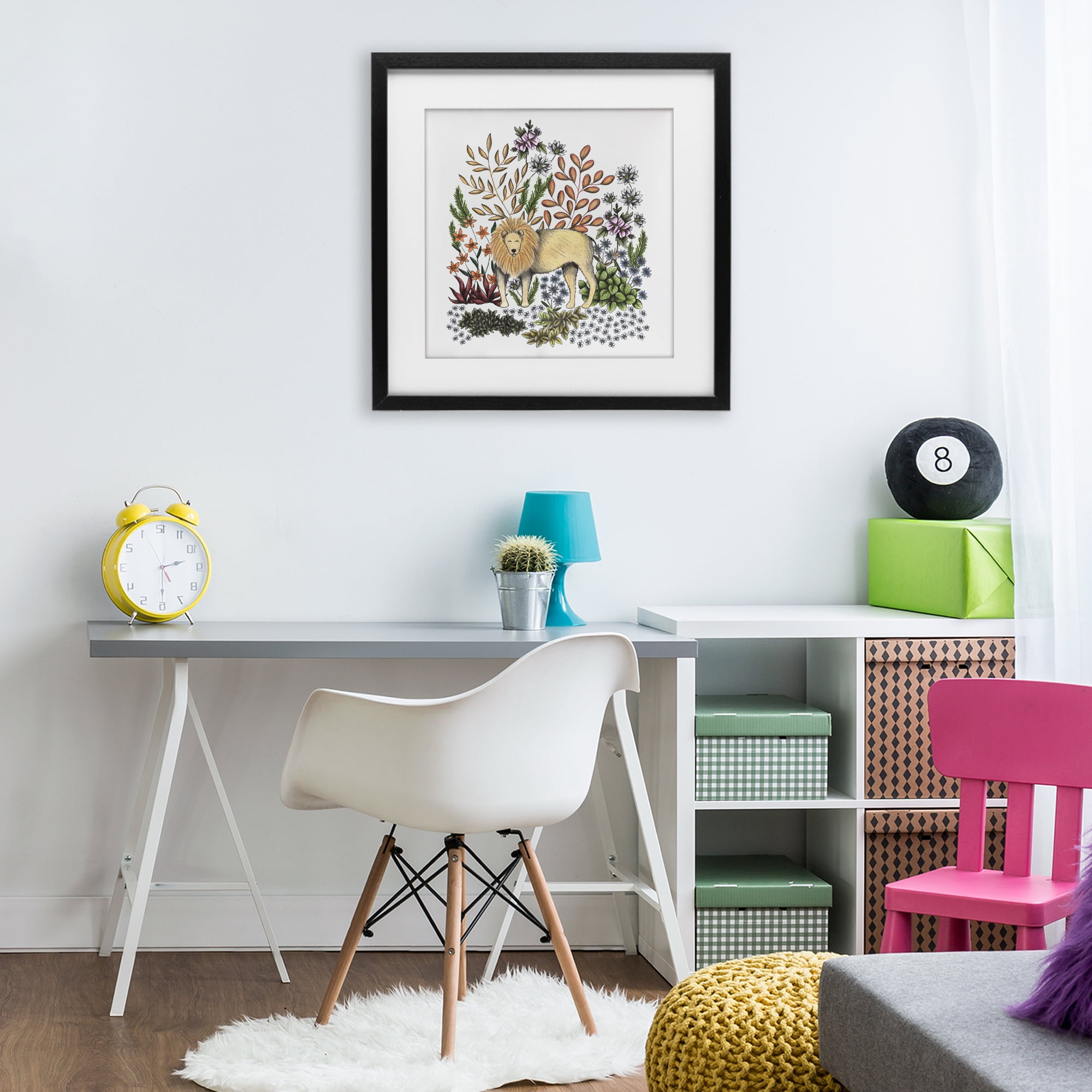 Jungle Wildlife Lion Black Framed Print Under Glass, design by Cecilia Battaini