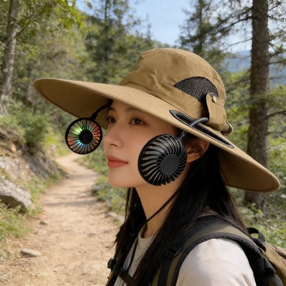 Hyknon Solar Powered Sun Hat with Two Fans for Women Men Cooling Breathable Wide Brim Fishing Hat Waterproof UV Protection Bucket Hat for Hiking Camping Outdoor