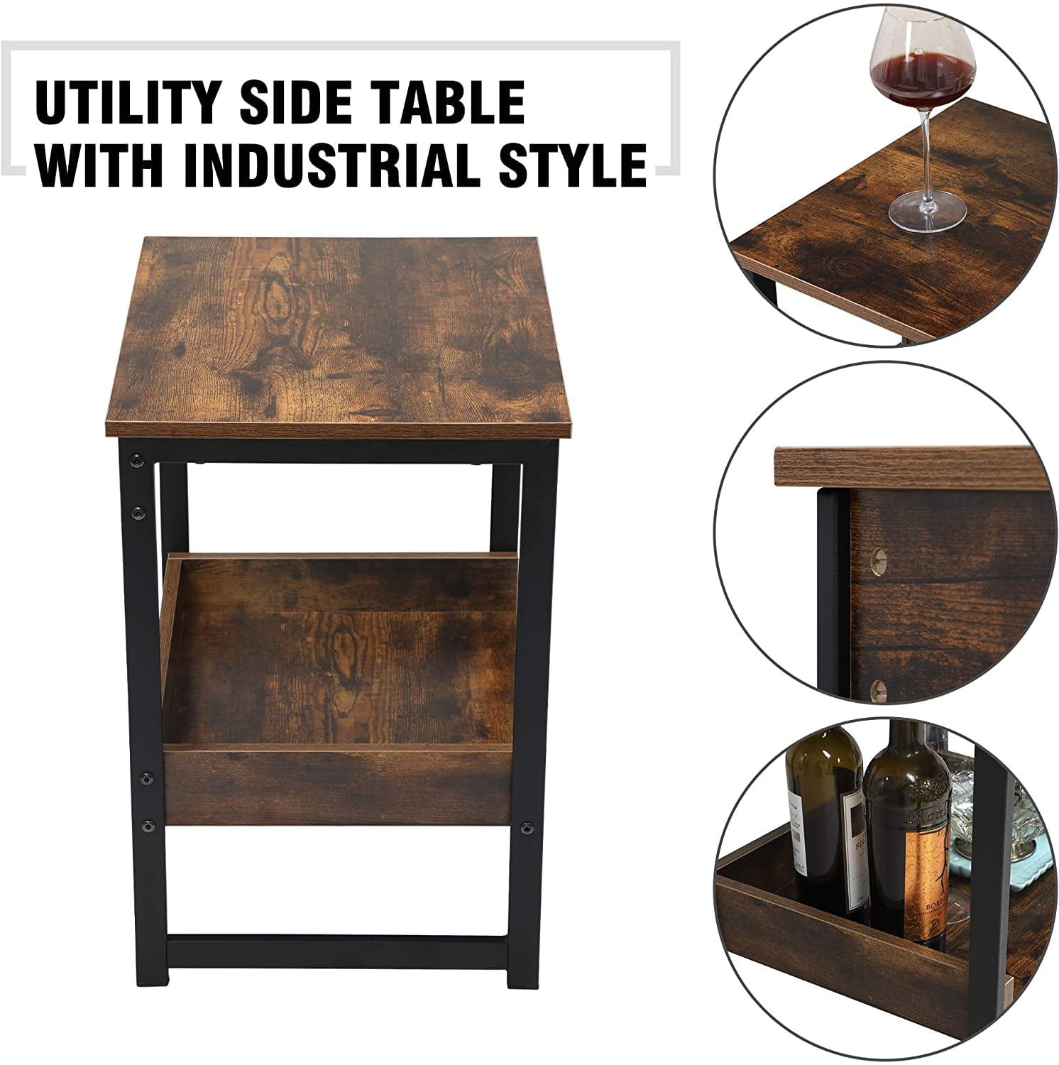 Industrial Home End Table, Night Stand Side Table with Storage Shelf for Bedroom, Living Room, Brown