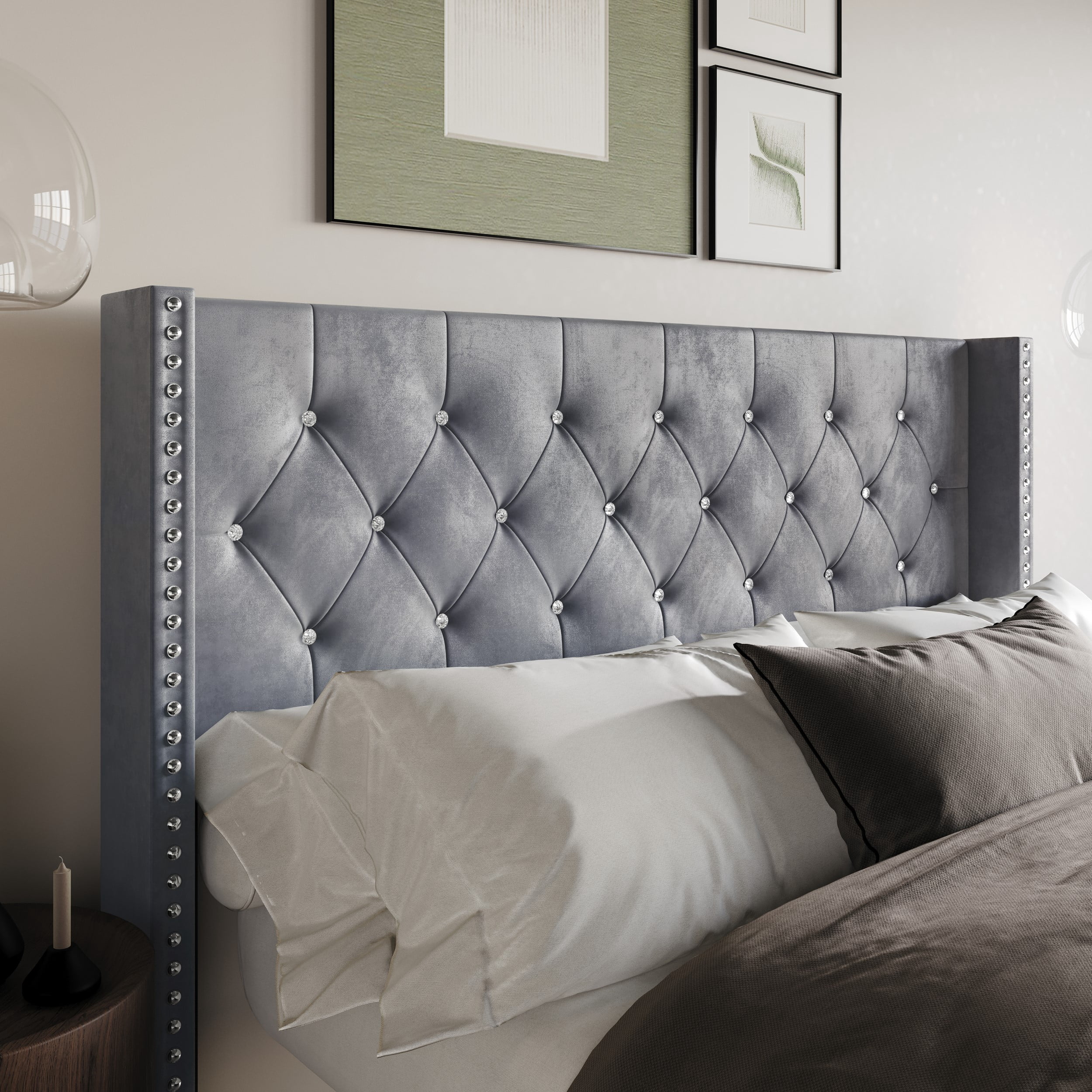 Home Design Gretna King Wingback Tufted Upholstered Headboard with Nailhead Trim, Silver Gray