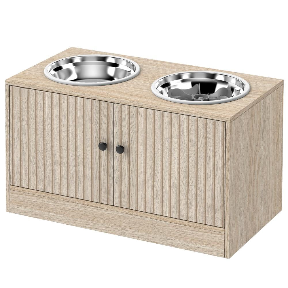 Oak Elevated Dog Feeder with 10.6 Gal Storage Cabinet, Raised Pet Bowl Stand with Slow Feeder Mat Anti-Slip Rings, for Large Dogs 21.7"-25.6" Shoulder Height