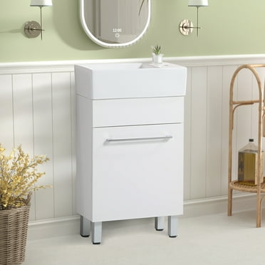 KYLE & KAY 19-inch Small Bathroom Vanity with Sink,, Pre-Assembled Wall-Mounted Cabinet with Soft-Close Door and Single Hole Ceramic Sink, Bathroom Cabinet for Small Space, White