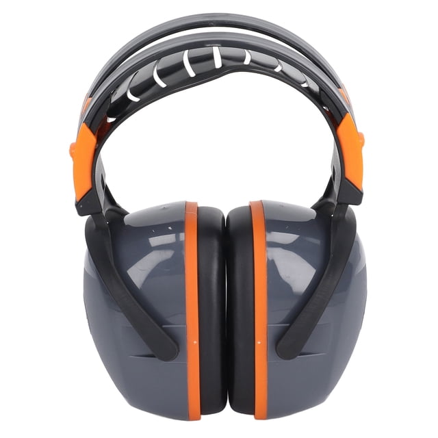 Hearing Protection Safety Ear Muffs with noise-reducing design, featuring grey ABS ear cups with orange accents and a retractable headband. Ergonomically designed for comfort during extended wear, suitable for various noise environments such as work, study, or travel. Made with durable ABS and acoustic cotton lining for effective noise cancellation. Ideal for personal protective equipment in noisy settings.