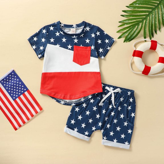 YWDJ Toddler Kids Baby Boys Fashion Independence Day Cute Short Sleeve Stripe Print Casual Shorts Suit Blue 2-3Years