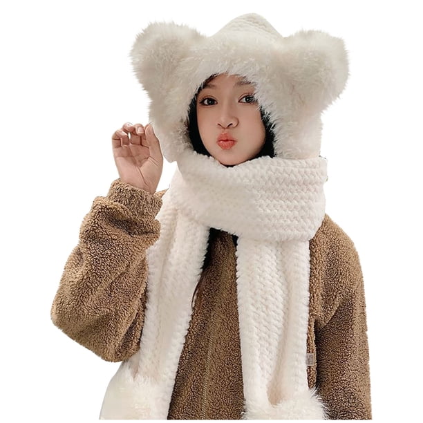 Sombreros de invierno para mujer, color liso, terciopelo, bufanda, cálido, resistente al frío, con orejeras, de poliéster.