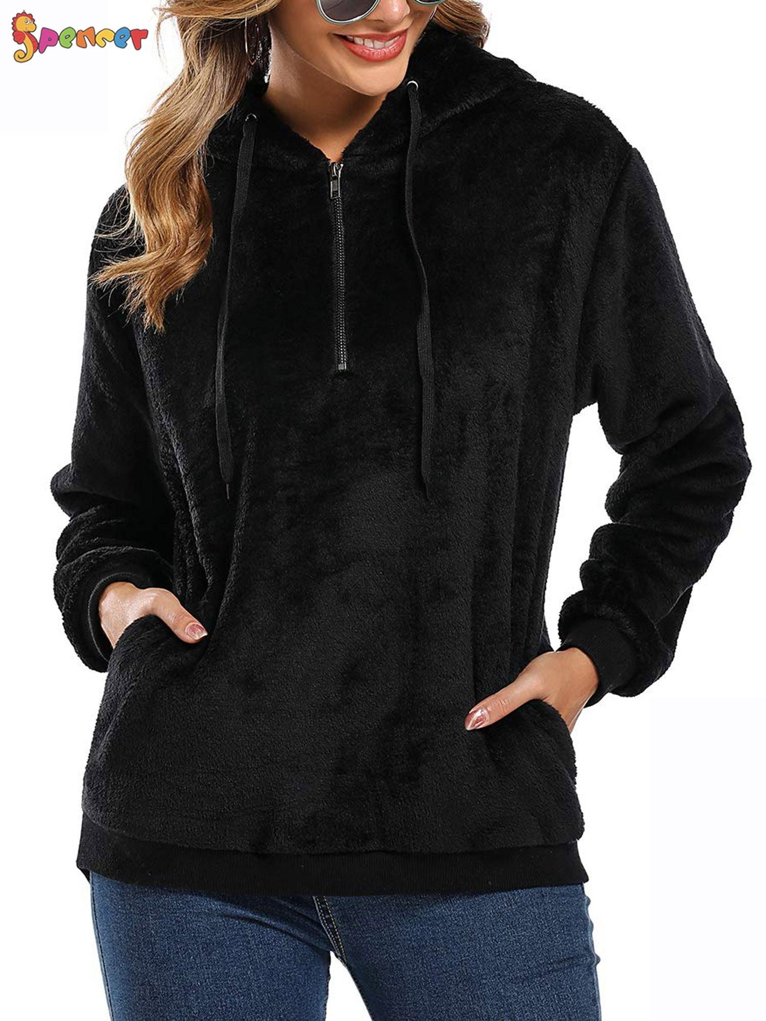 Womens Premium Faux Fleece Hoodie Ladies Fuzzy Casual Loose Sweatshirt Hooded Outwear Pullover Sweaters for Women 