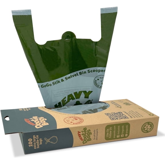 Heavy Dootie Bags® Very Large Dog and Cat Waste Bags, 100 Count Leakproof Multi-Use Poop Bags with E-Z Tie Handles and Gussets, Unscented, Fits GoGo Stik Scoopers