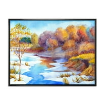 Designart 'Stream Though The Winter Forest Valley' Lake House Framed Canvas Wall Art Print