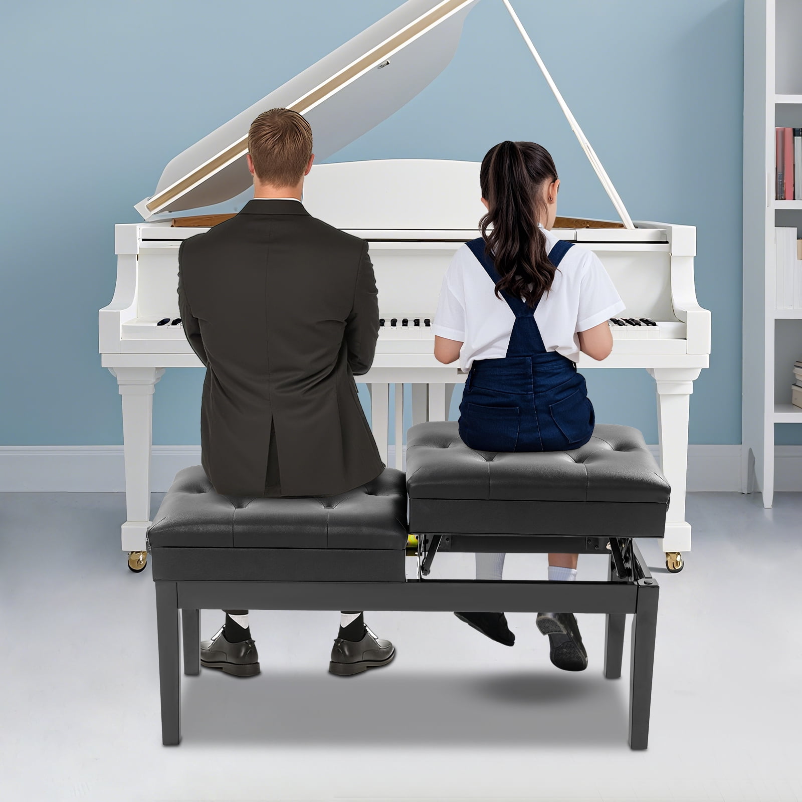 Floorstanding Double Seater Piano Bench, Adjustable Duet Piano Bench with Storage Box for Homes, Schools