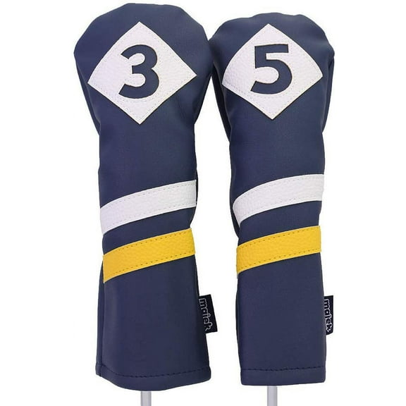 Majek Retro Golf Headcovers Blue White and Yellow Vintage Leather Style 3 & 5 Fairway Wood Head Cover Classic Look