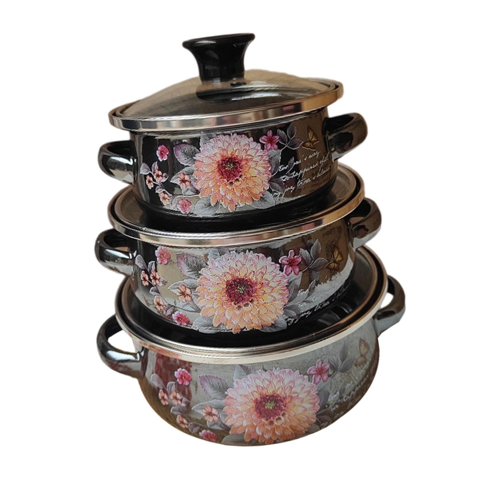 Dualoai 3x Enamel Stockpots Set Cookware Cooker Enamel Pots for Restaurant Home Gift