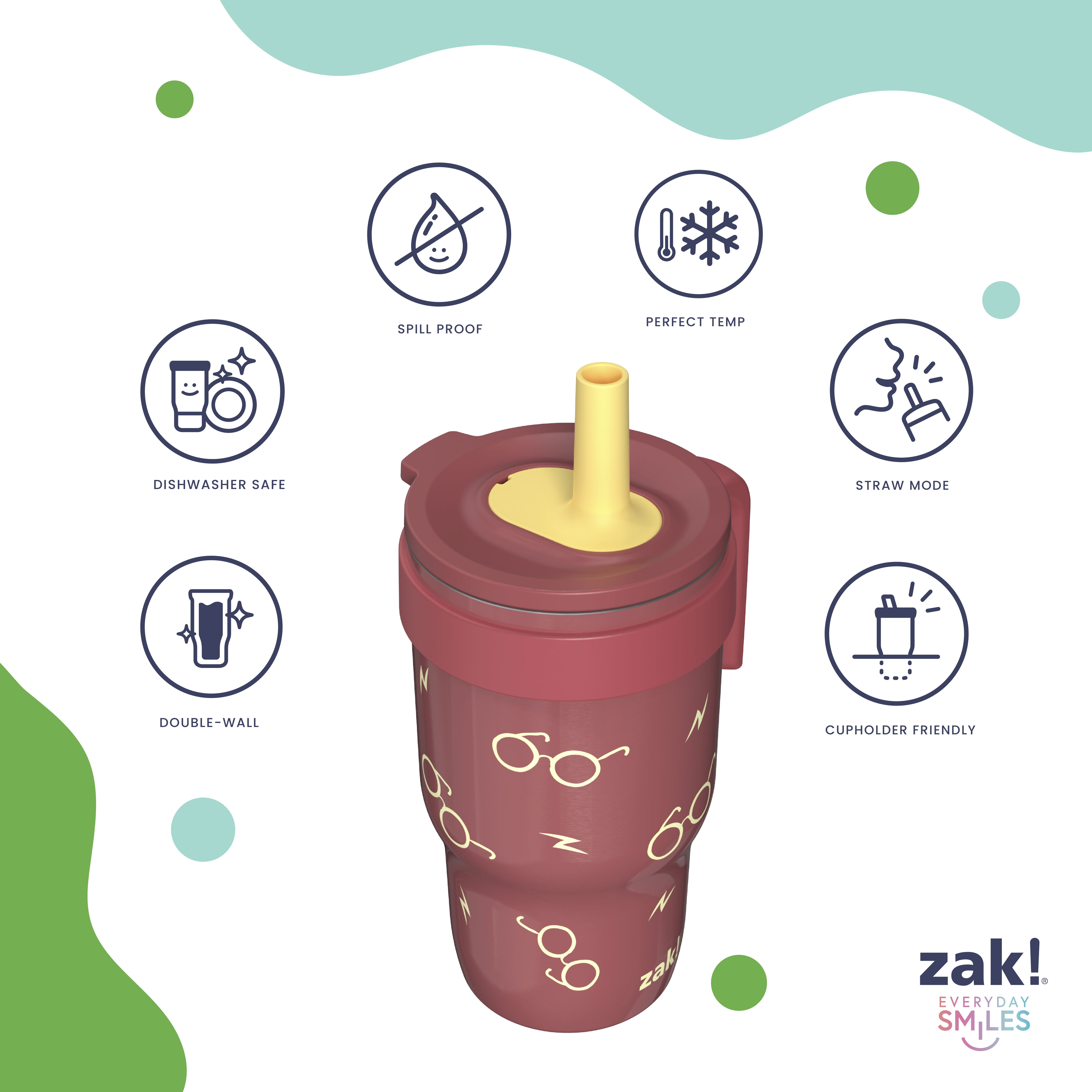 Zak Designs 10oz Harry Potter Kids Handle Tumbler, Stainless Steel Cruiser Tumbler with Soft Silicone Straw, Leak-Proof, Easy to Hold, Red