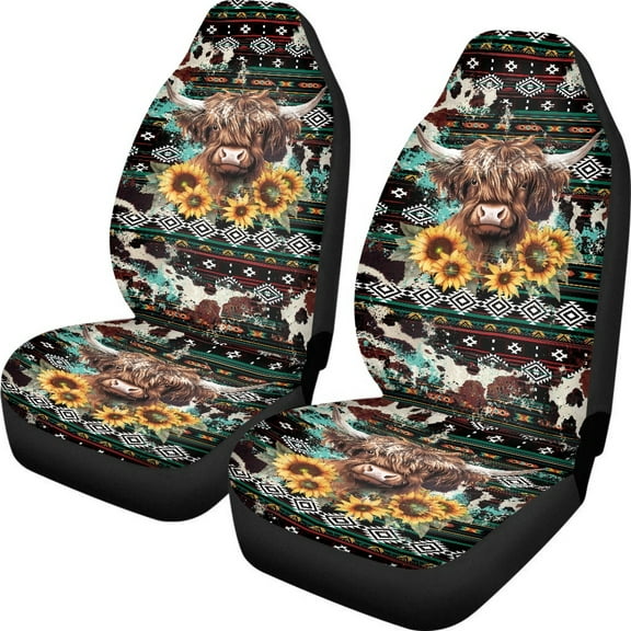 Renewold American Tribal Highland Cow Sunflower Car Seat Cover for Front Seats, Car Seat Protector Car Accessories Universal Fit Most Cars Sedan SUVs Van Truck