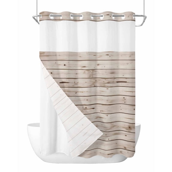 No Hook Shower Curtain with Snap-in Liner, Vintage Farmhouse Waterproof Fabric Bathroom Curtains, Country Retro Beige Wooden Grain Bath Curtains & Mesh Top Window 72"x84" Long