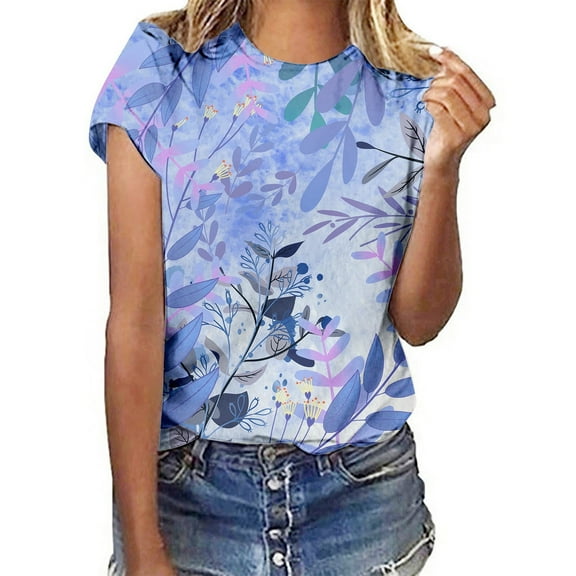 Floral Print Round Neck Short Sleeve T Shirt For Women Spring Summer Casual Top