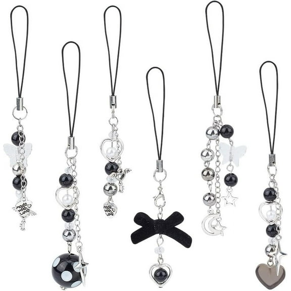 6 Pcs Punk Phone Charms - Black Acrylic Heart Moon Key Star Bow Straps Case Accessories - Mobile Decoration With String Acrylic Bead