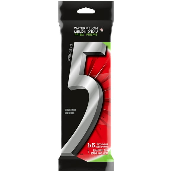 5 GUM, Watermelon-Prism Flavoured Sugar Free Chewing Gum, 15 Sticks, 3 Packs, 3 Packs, 15 Sticks