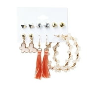 Grandest Birch 6 Pairs/Sheet Exquisite Women Large Circle Tassel Faux Pearl Dangle Earring Jewelry Accessory Alloy Beige