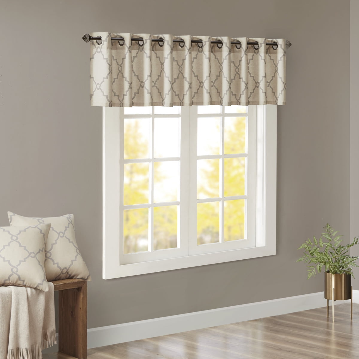 MAYEERTY 50x18" Fretwork Print Grommet Top Valance Beige/Grey