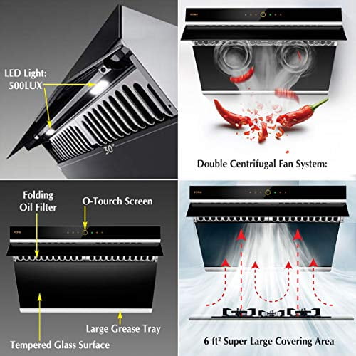 FOTILE inclined Vent Series 30" 1000 CFM Under Cabinet or Wall Mount Range Hood with 2 LED lights, Motion and Touch Activation in Onyx Black Tempered Glass