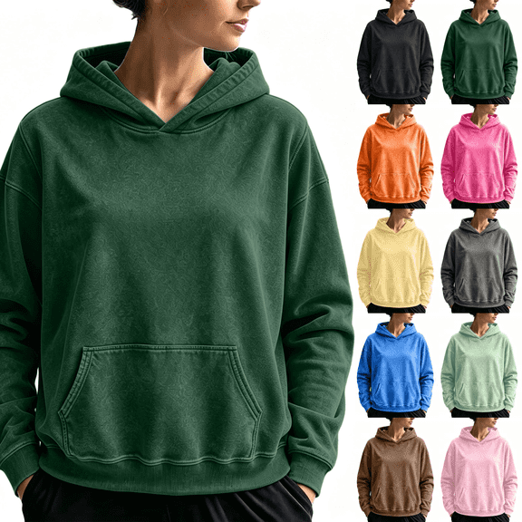DORKASM Hoodie Women Long Sleeve Crew Neck Acid Wash Sweatshirts Oversize Fashion 2026 Tops Fall Winter Solid Color Comfy Hoodies with Pockets Dark Green M
