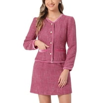 INSPIRE CHIC Women's Suit Set 2 Piece Outfits Plaid Tweed Short Blazer Jacket and Skirt Sets L Hot Pink