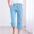 thumbnail image 2 of leijia Linen Capri Pants for Women Elastic Waisted Drawstring Capris Solid Color Plus Size Straight Pants with Pockets, 2 of 5