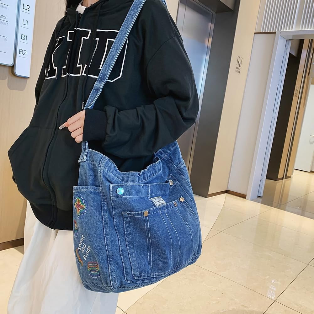 Denim Hobo Crossbody Bag for Women Large Shoulder Handbag Messenger Bag Retro Tote Bag for Casual Work Travel