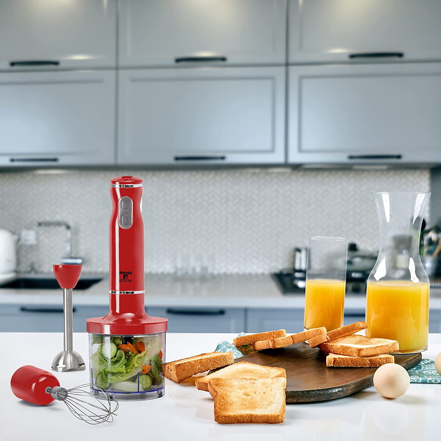 Moss & Stone Electric Smart Stick Hand Blender Set with Egg Whisk & Chopper, Ergonomic Handle (Red)