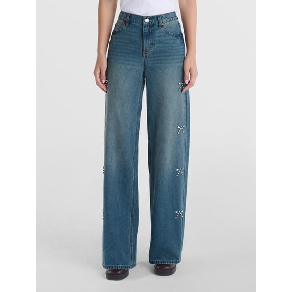 Madden NYC Women's The It Girl Ultra 90s Jeans with Rhinestone Bows, Sizes XXS-XXL