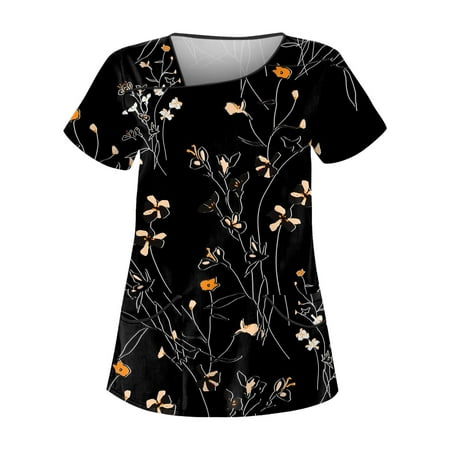 

BIZIZA Scrub Tops Women Fashion 2023 Short Sleeve Plus Size Scrub tops Floral Graphic with Two Pocket V Neck Womens Tops Clearance Black 3XL
