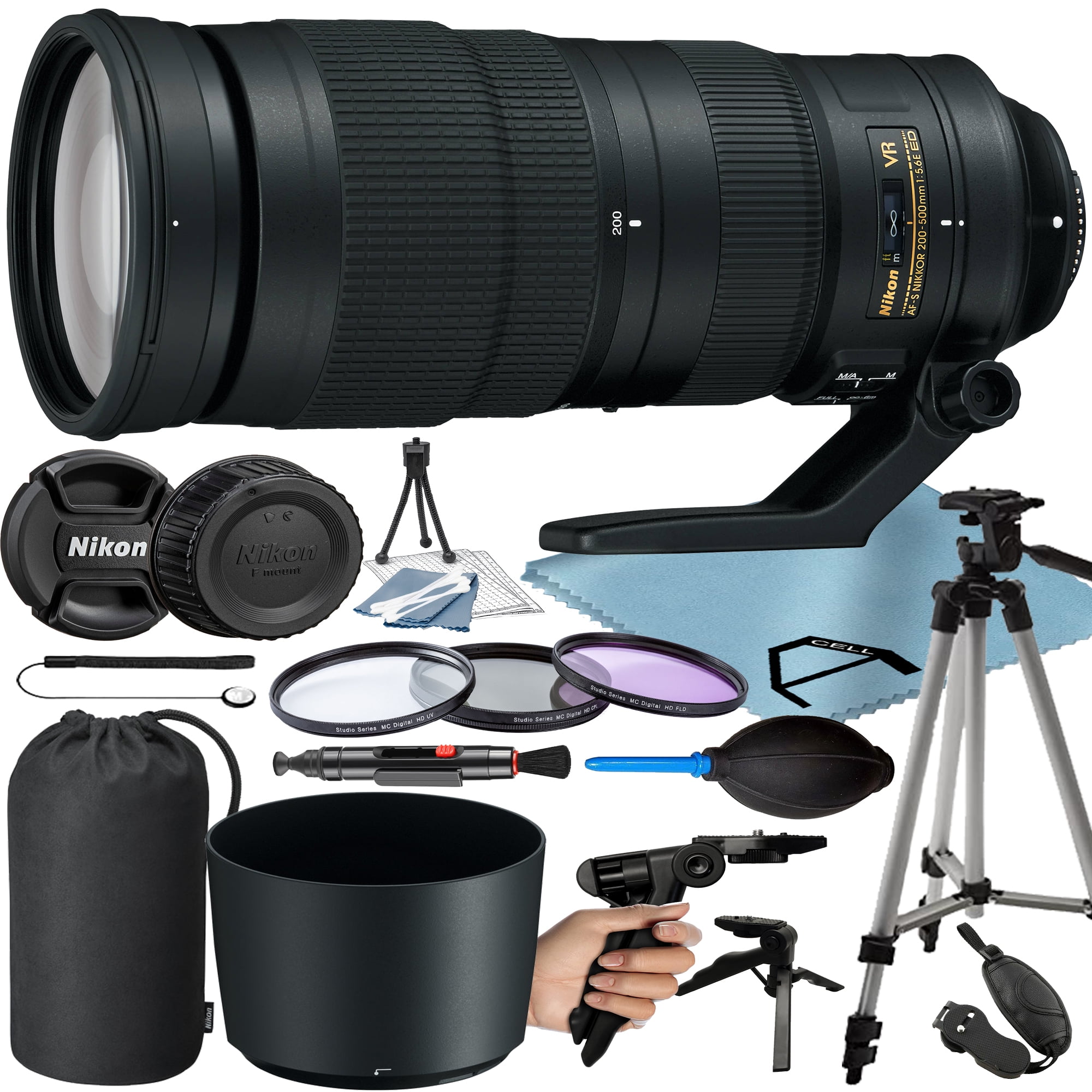 Nikon AF-S NIKKOR 200-500mm F/5.6E ED VR Lens with Tripod + 3 Pieces Filter  + A-Cell Accessory Bundle