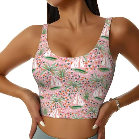 Sports Bras for Women - Sailboats And Palm Tree Seamless Yoga Bra Workout Crop Top with Removable Pads