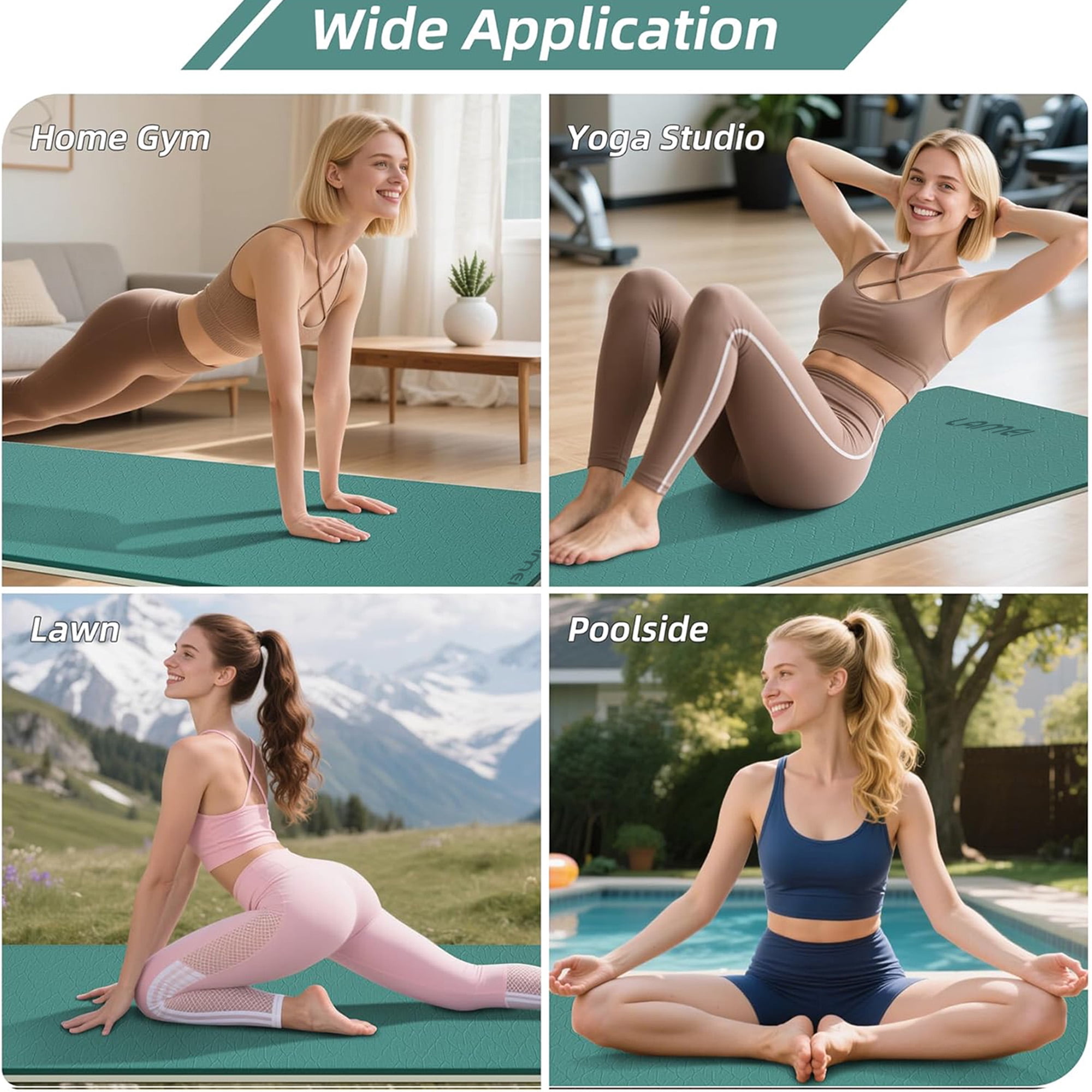 LAMEI Yoga Mat Thick 10mm, 31.5" Extra Wide for Men and Women, Non-Slip TPE Exercise Matt, Two Tone Fitness Mats with Straps for Carrying(Green+Beige)