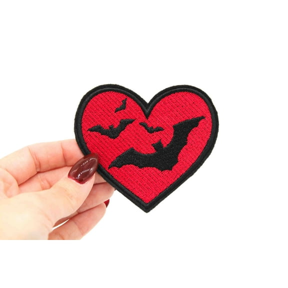 Bats Red Heart Iron On Embroidered Patch