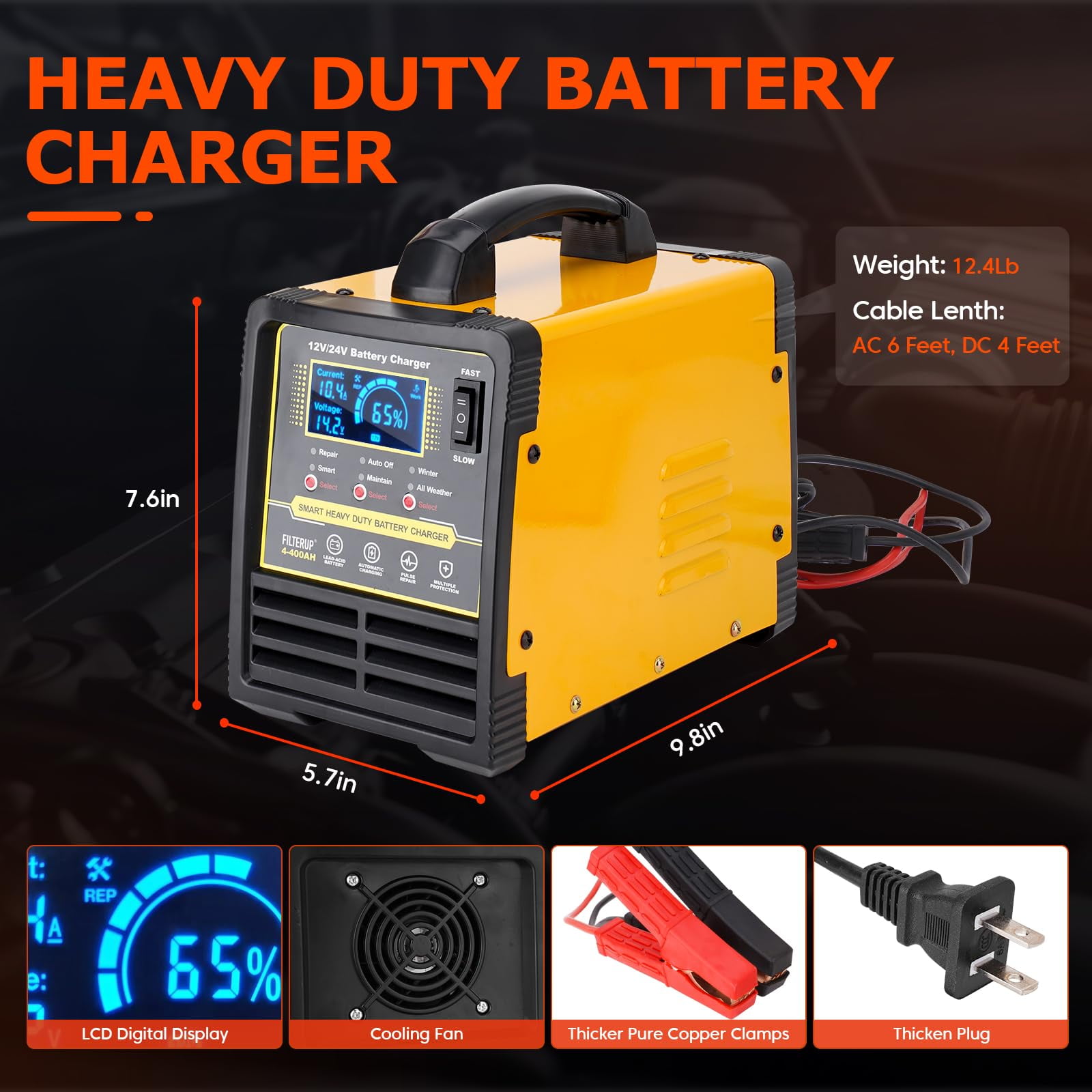 12V 24V Lead-Acid Battery Charger Heavy Duty, 0-15A Smart Automatic Battery Maintainer For Car Truck Boat Motorcycle RV Lawn Mower (Yellow)