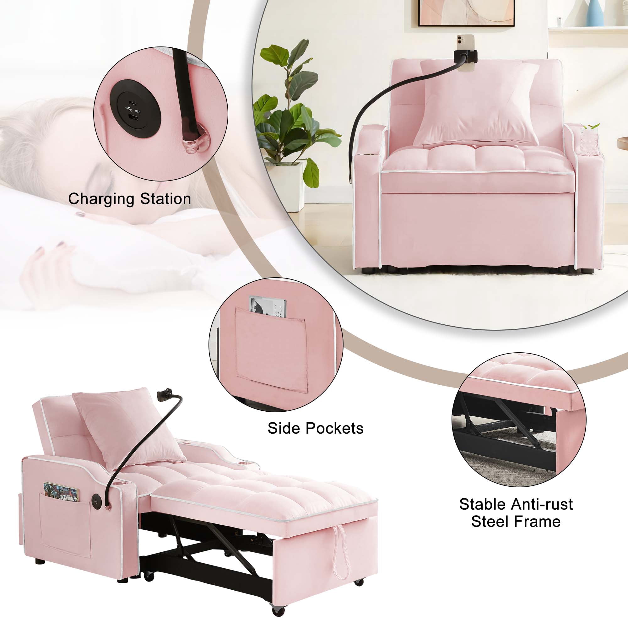 Aukfa Sleeper Chair Bed, Convertible Pull Out Sofa Bed with USB Port, Cup Holders and Swivel Phone Holder, Pink