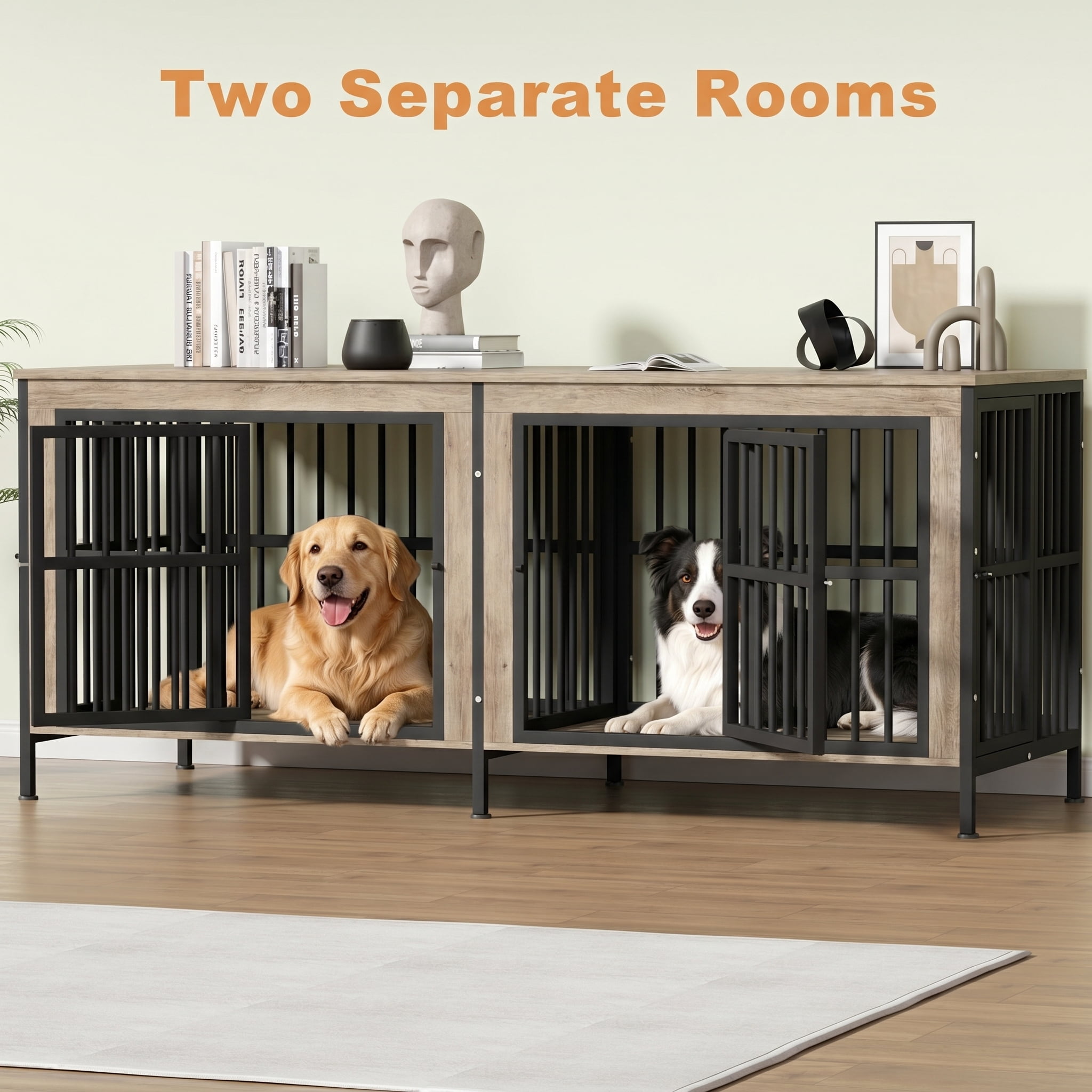 Ironovahome 78" Dog Crate Furniture for 2 Large Dogs with Sturdy Removable Divider and Double Doors, XXL Extra Large Indoor Dog Kennel, Thick Heavy Duty Wooden Dog Cage, Ivory