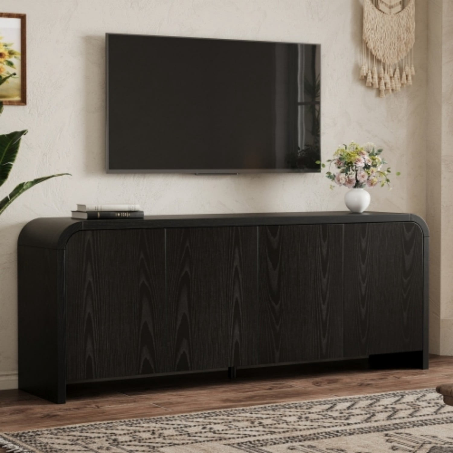 Farmhouse Curved Edge TV Stand for 70 Inch TV, Mid Century Modern Wood Grain Media Console with Adjustable Shelves, Cabinets & Cable Management for Living Room, Black