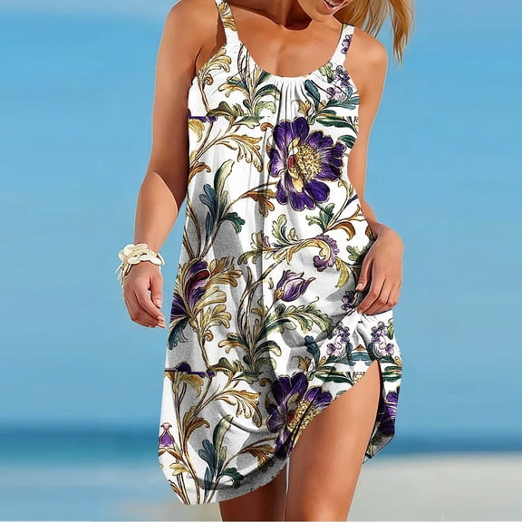Gamivast Summer Dresses for Women Loose Fit Crew Neck Mini Dress Sleeveless Sun Dress White Blue Watercolor Floral Print for Beach Vacation