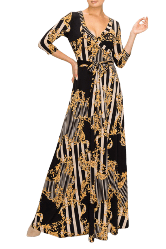 , Women's, 3/4 Sleeve V-Neck Printed Maxi Faux Wrap Dress, Black Gold, L