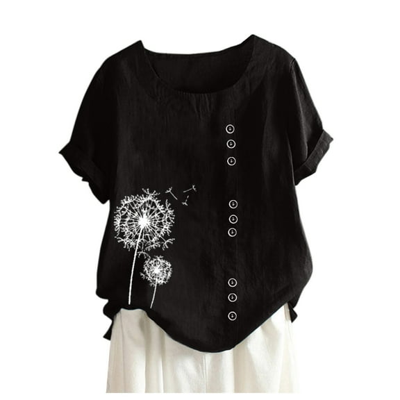 HONHUZH T Shirts,Womens Casual Loose Button Linen Plus Size Daily Boho Tanic T-Shirt Blouse Tops
