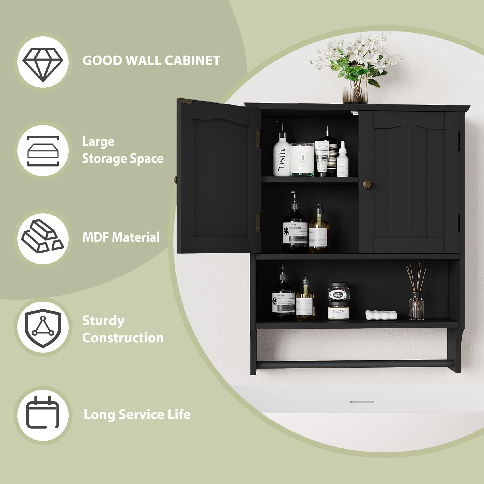Algherohein Bathroom Medicine Cabinet with Shelf and Towels Bar,Over the Toilet Storage Wall Cabinet,Black Large