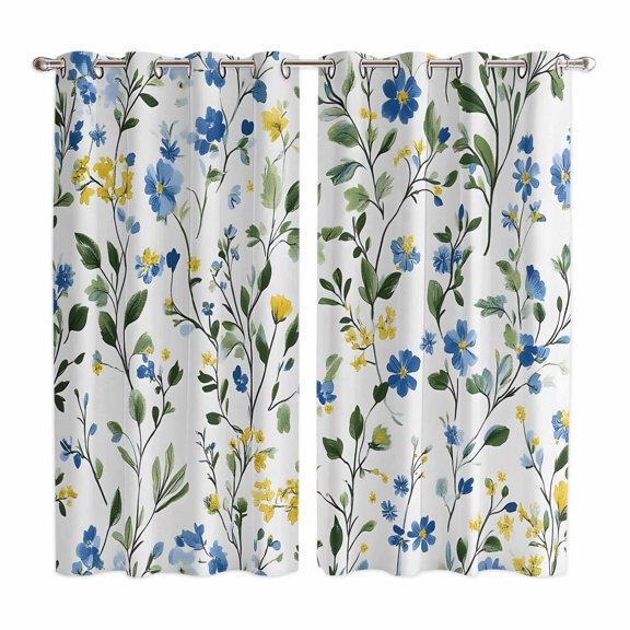 Blue Yellow Floral Spring Kitchen Curtains 84 Inch Length, Summer Botanical Green Pastoral Grommet Top Bedroom Living Room Curtains, Light Filtering Cafe Curtain Drapes 2 Panels Set 104''x84''