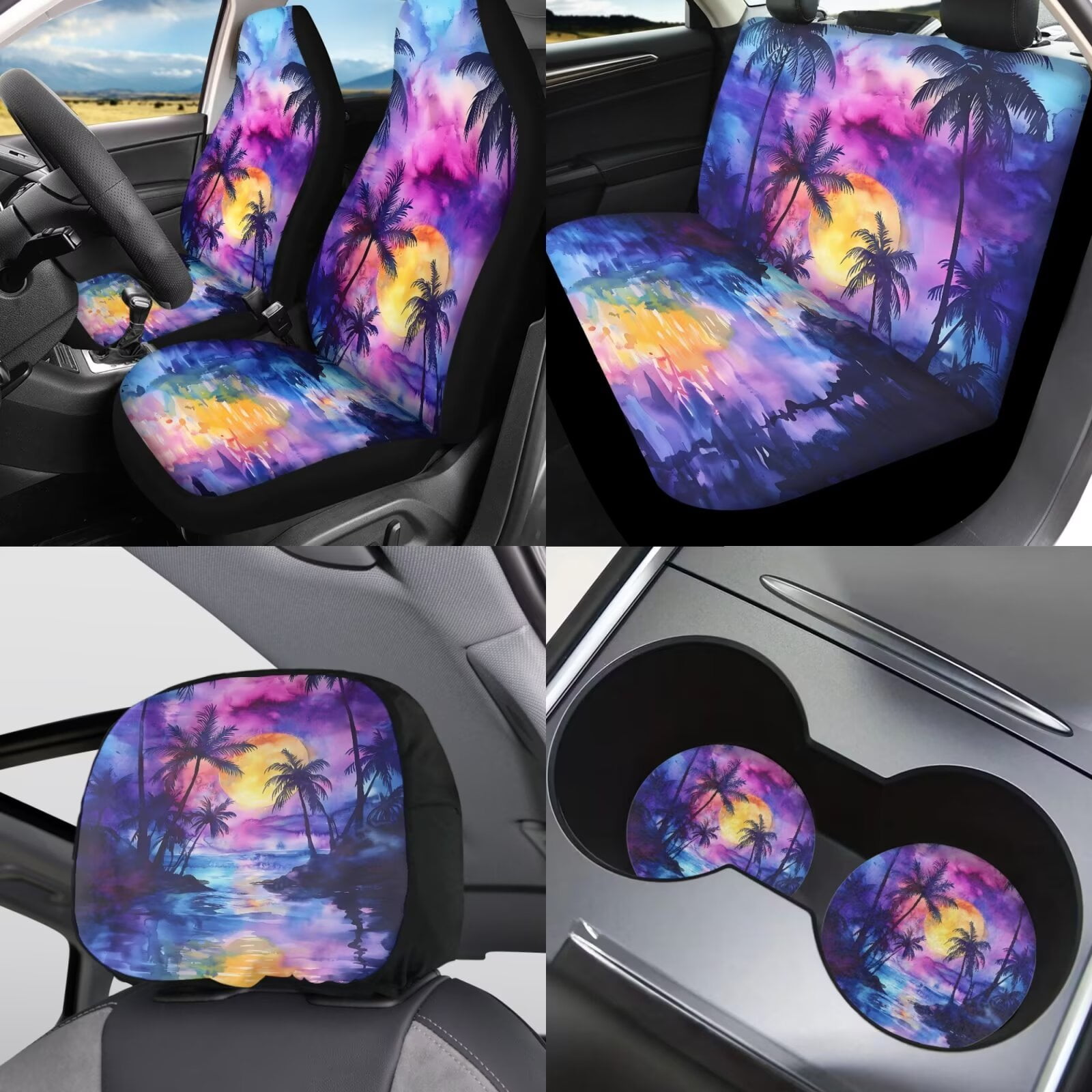 Garronmavis Sunset Palm Tree Car Seat Covers Full Set Adjustable Flexible with Cars Headrest Protectors+Lanyards Key Ring+Auto Cup Coaster+Handbrake Gear+Shift Knob Cover Universal Design